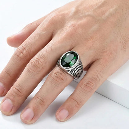 Green Stone Ring Silver Worn by Male Model