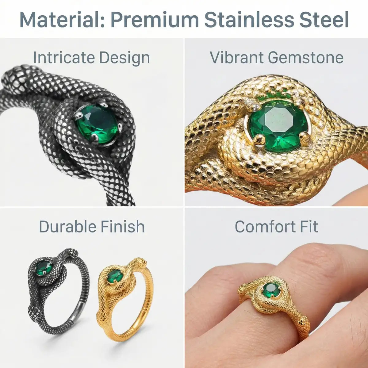 Green Stone Snake Ring Features