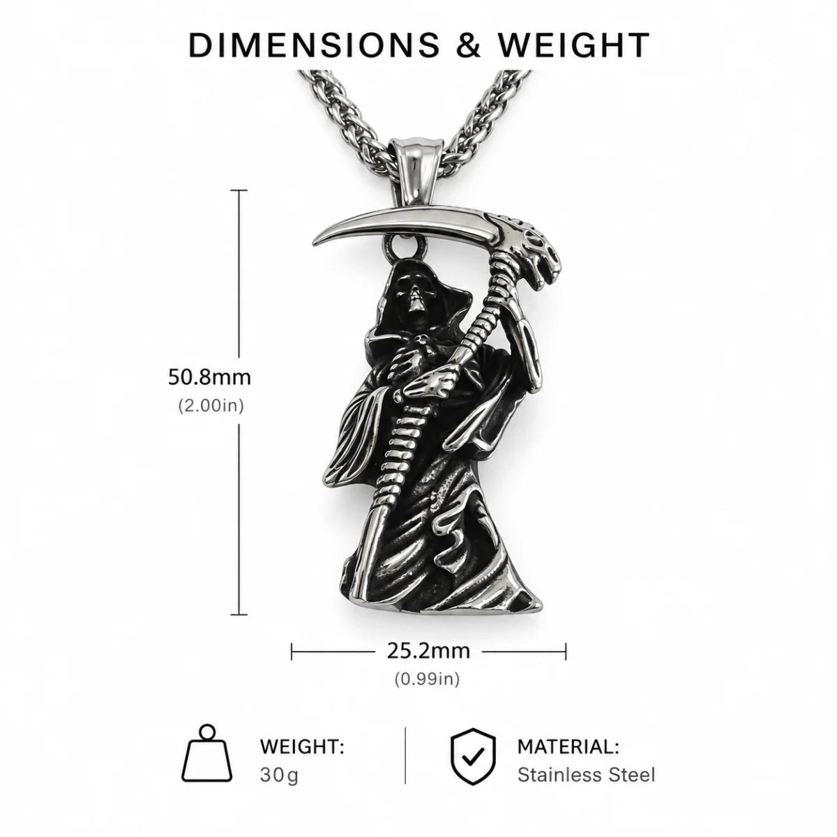 Grim Reaper Pendant Necklace Silver Dimensions Diagram White Background