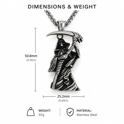 Grim Reaper Pendant Necklace Silver Dimensions Diagram White Background