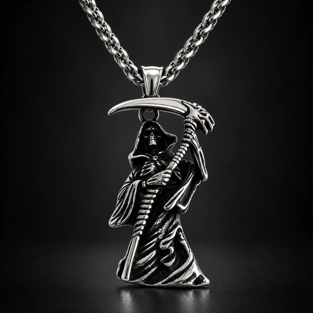 Grim Reaper Pendant Necklace Silver Front Close Up Black Background