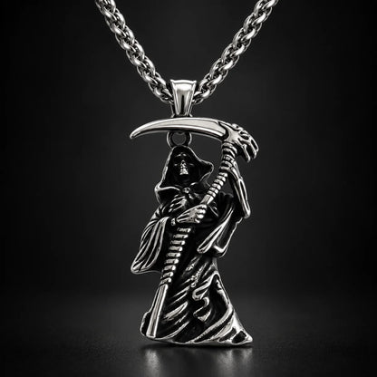 Grim Reaper Pendant Necklace Silver Front Close Up Black Background