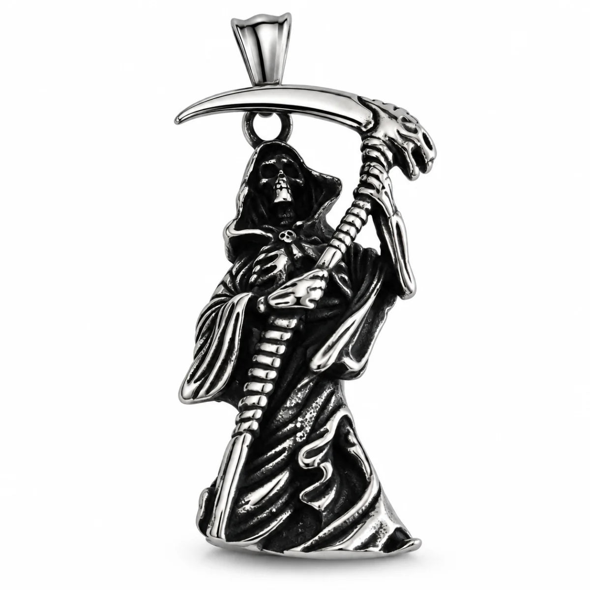 Grim Reaper Pendant Necklace Silver Front Detail White Background