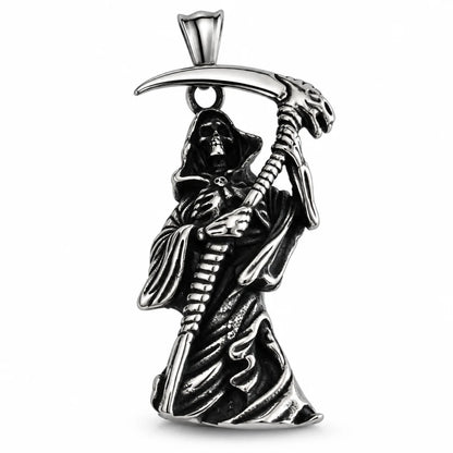 Grim Reaper Pendant Necklace Silver Front Detail White Background