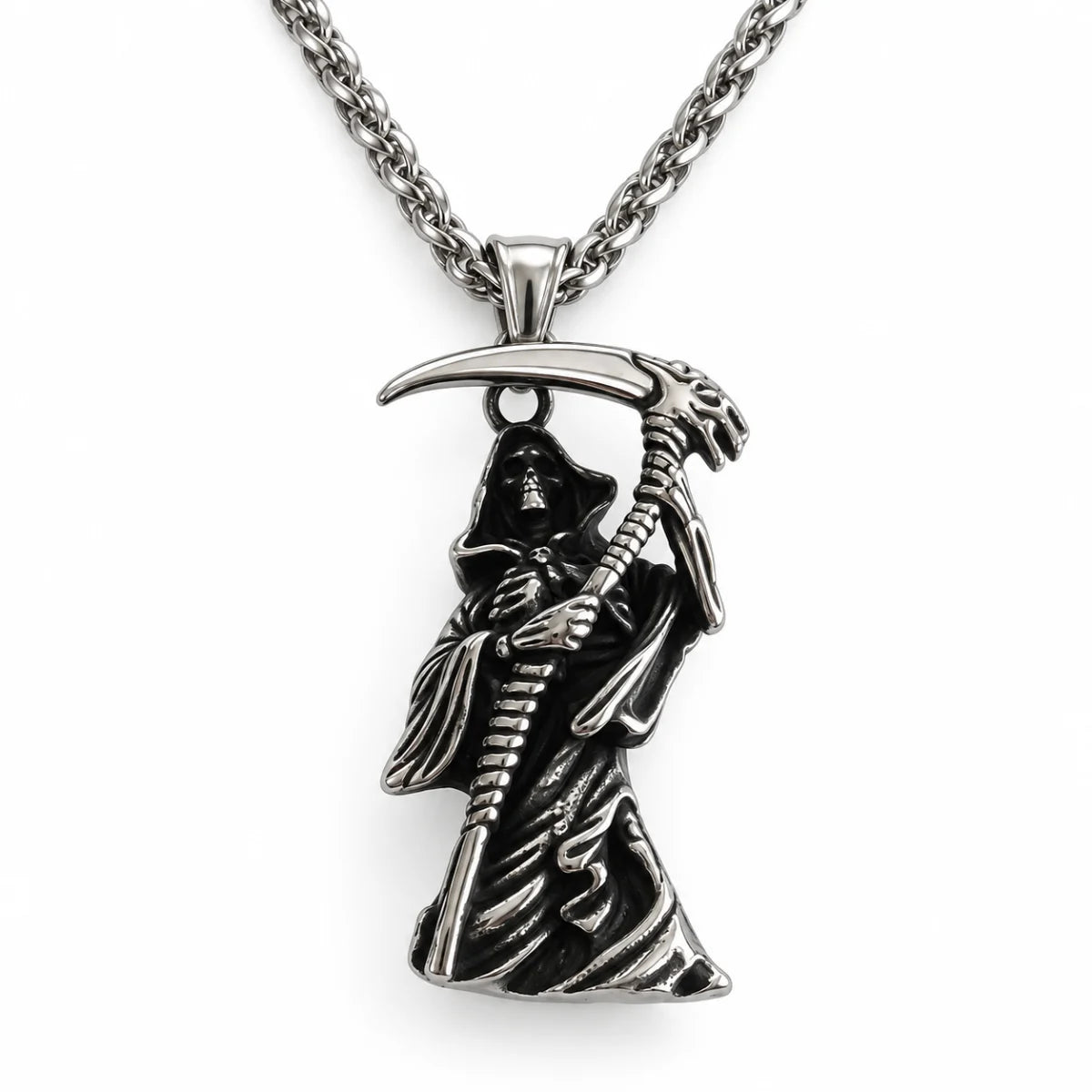 Grim Reaper Pendant Necklace Silver Front View White Background