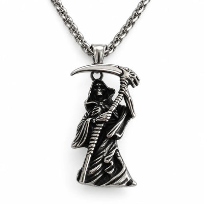 Grim Reaper Pendant Necklace Silver Front View White Background