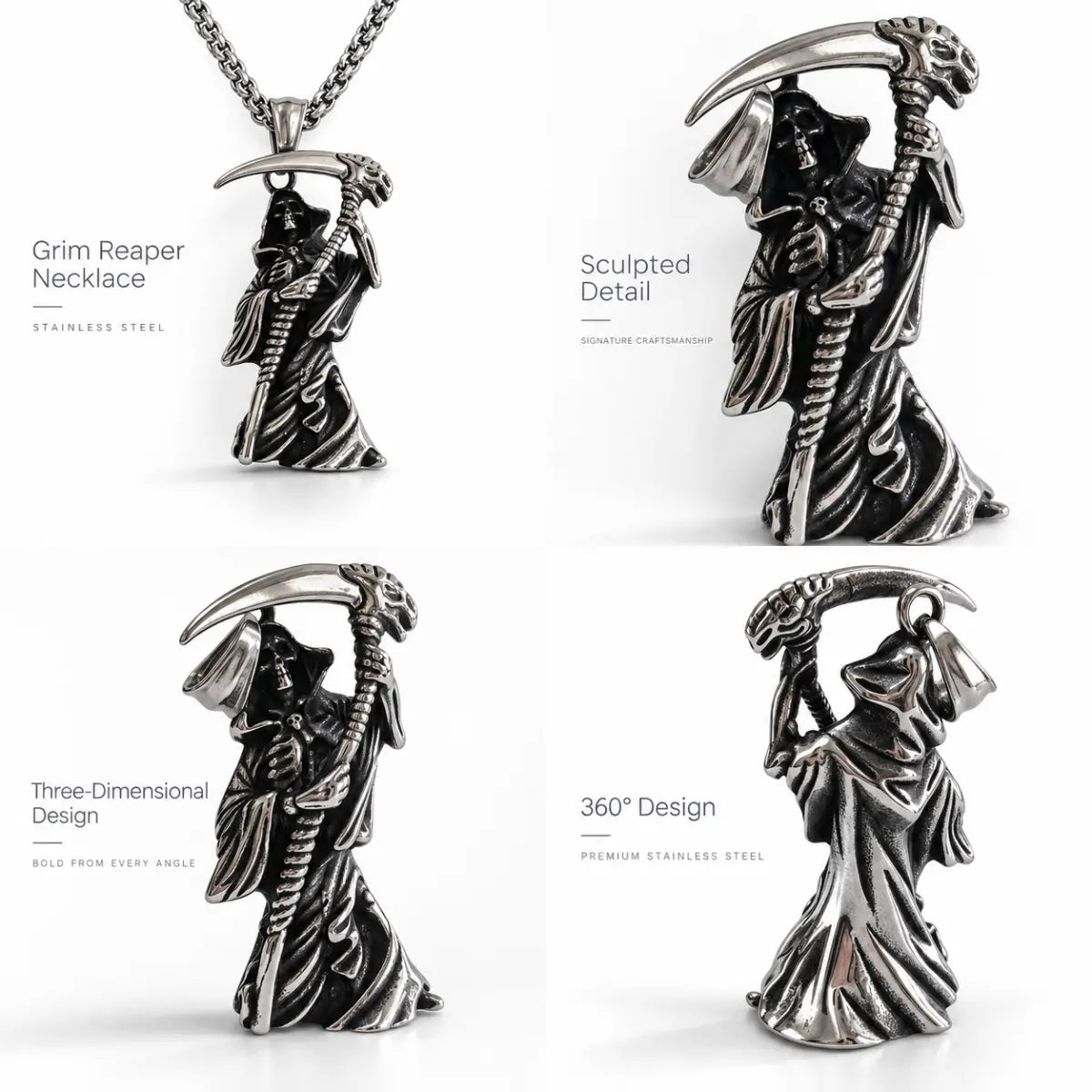 Grim Reaper Pendant Necklace Silver Multi Angle Views White Background