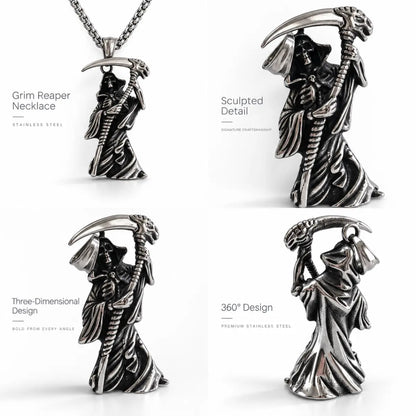 Grim Reaper Pendant Necklace Silver Multi Angle Views White Background
