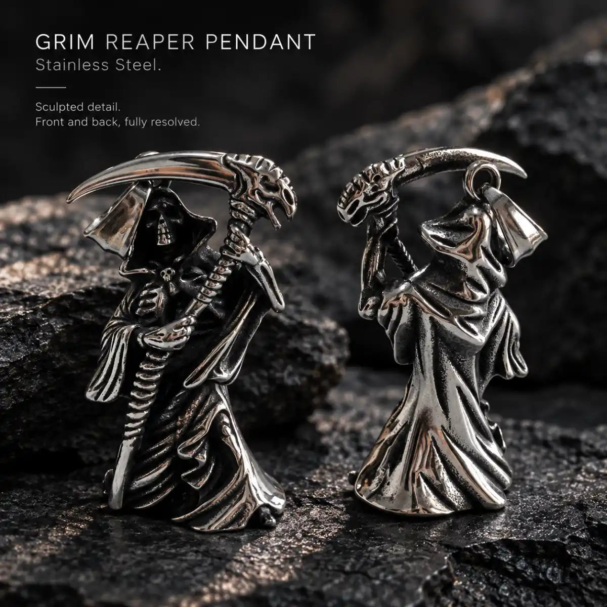 Grim Reaper Pendant Necklace Silver Pair Displayed on Stone Surface