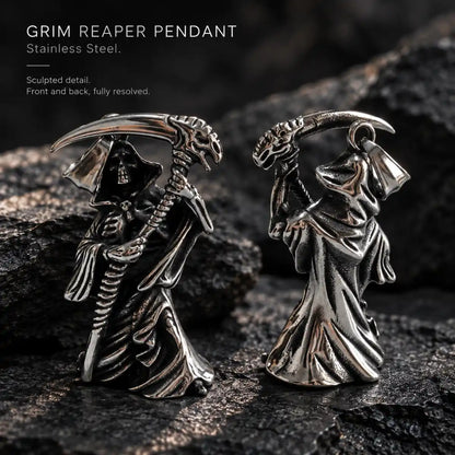 Grim Reaper Pendant Necklace Silver Pair Displayed on Stone Surface