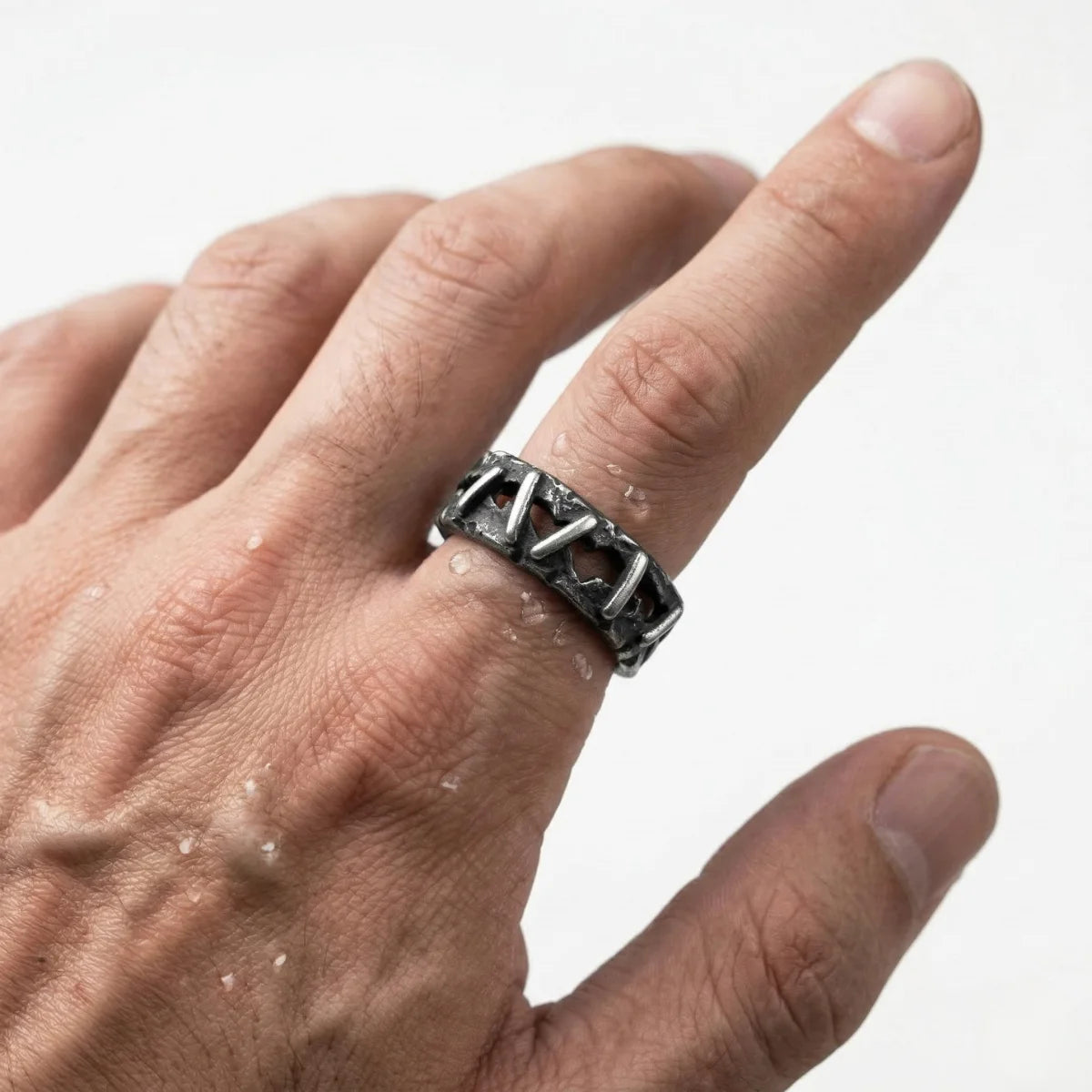 Grunge Band Ring Style A Worn by Male Model Close Up