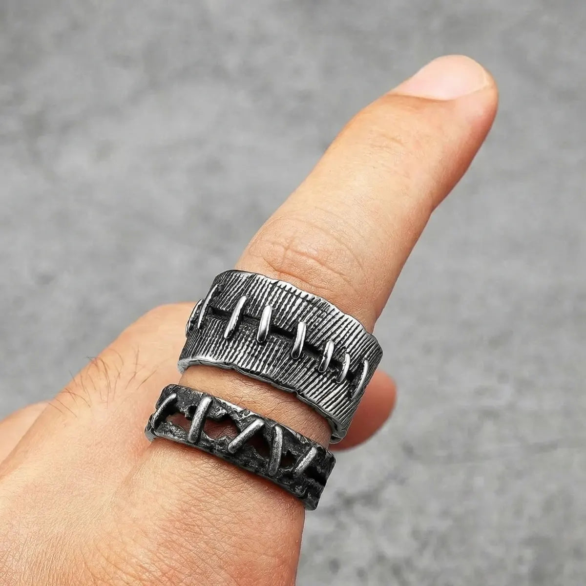 Grunge Band Ring Style A and B Worn by Male Model Close Up