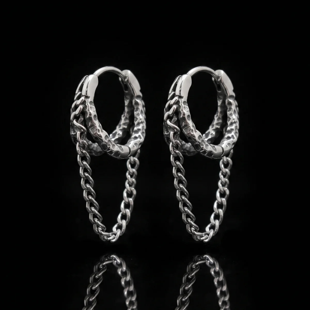 Hammered Double Hoop Chain Earrings Close Up