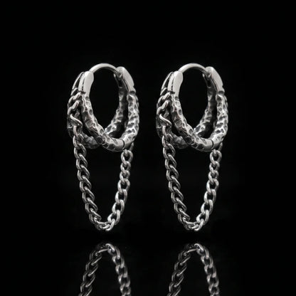 Hammered Double Hoop Chain Earrings Close Up