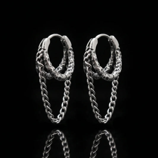 Hammered Double Hoop Chain Earrings Close Up