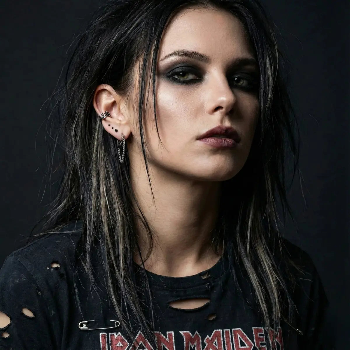 Hammered Double Hoop Chain Earrings Worn by Female Model