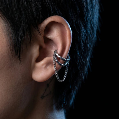 Hammered Double Hoop Chain Earrings Worn by Male Model Close Up