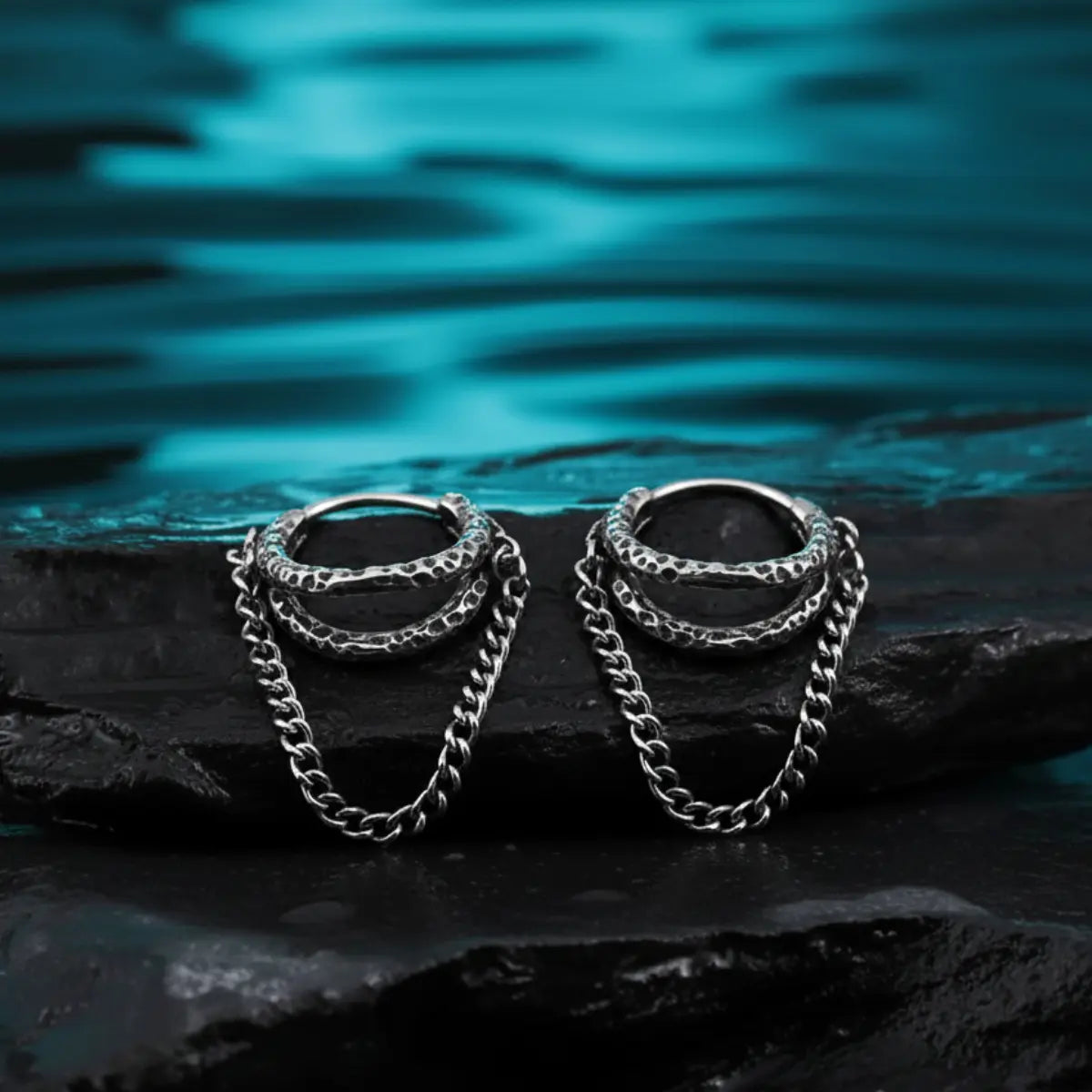 Hammered Double Hoop Chain Earrings