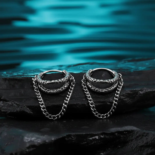 Hammered Double Hoop Chain Earrings