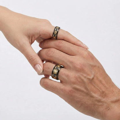 Hammered Gold Flake Tungsten Band 6mm & 8mm Worn by Male and Female Model