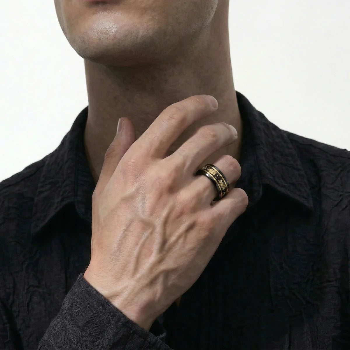 Hammered Gold Flake Tungsten Band 8mm Worn by Male Model