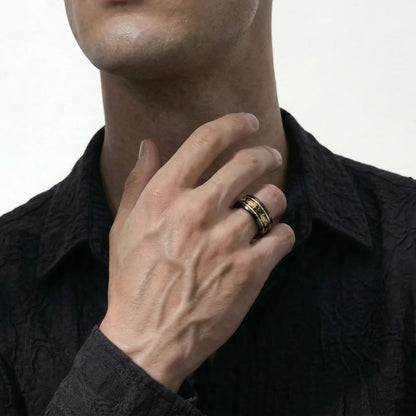 Hammered Gold Flake Tungsten Band 8mm Worn by Male Model