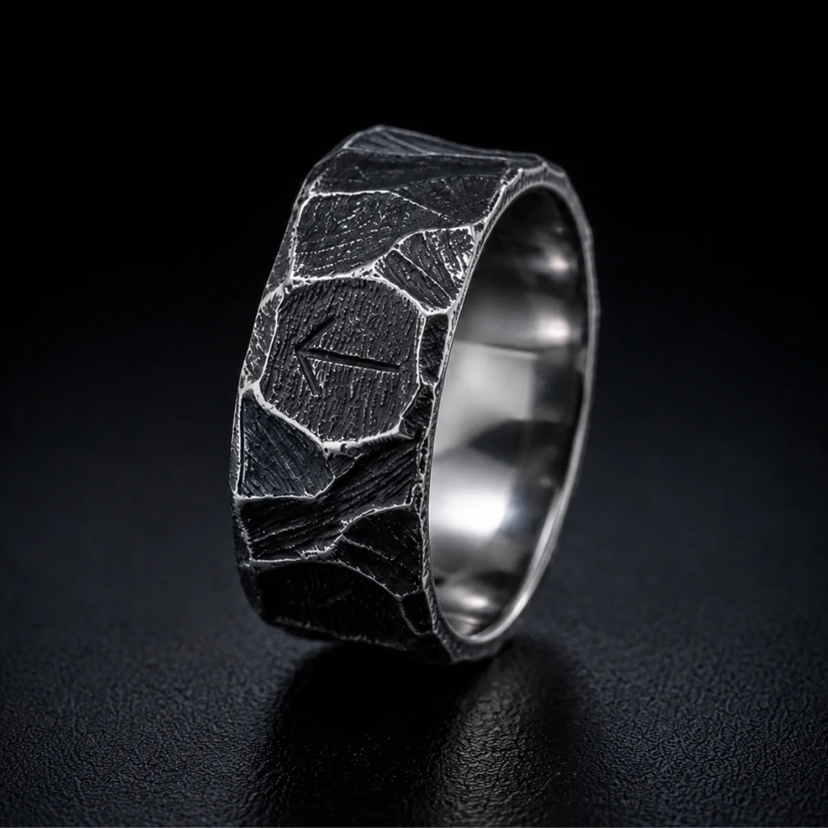 Hammered Rune Ring Antique Silver Close Up Black Background