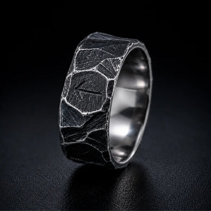 Hammered Rune Ring Antique Silver Close Up Black Background