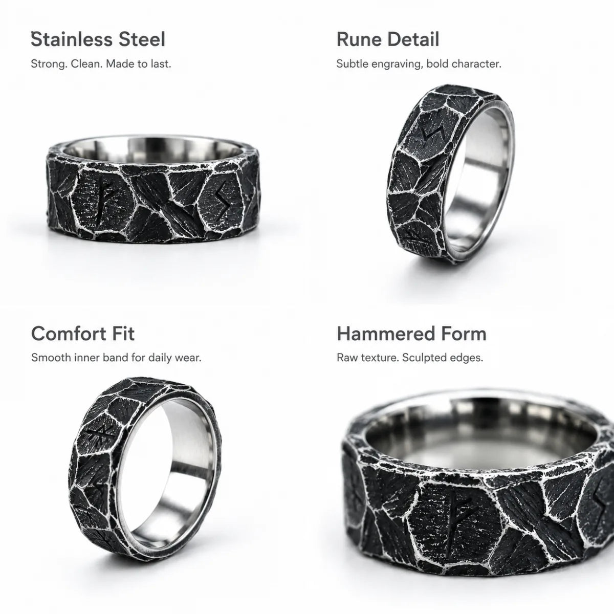 Hammered Rune Ring Antique Silver Details and Features Infographic