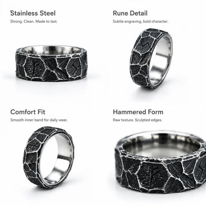 Hammered Rune Ring Antique Silver Details and Features Infographic