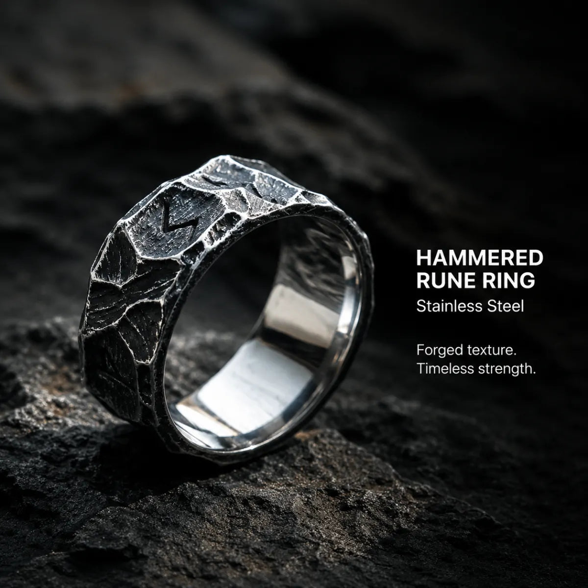 Hammered Rune Ring Antique Silver Displayed on Stone Surface