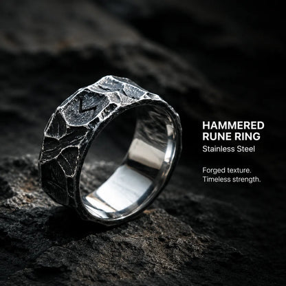 Hammered Rune Ring Antique Silver Displayed on Stone Surface