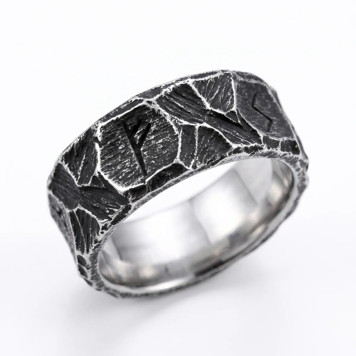 Hammered Rune Ring Antique Silver Front View White Background