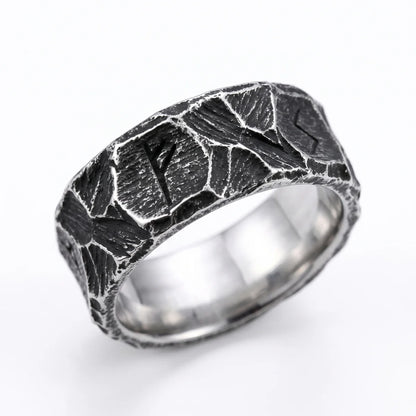 Hammered Rune Ring Antique Silver Front View White Background