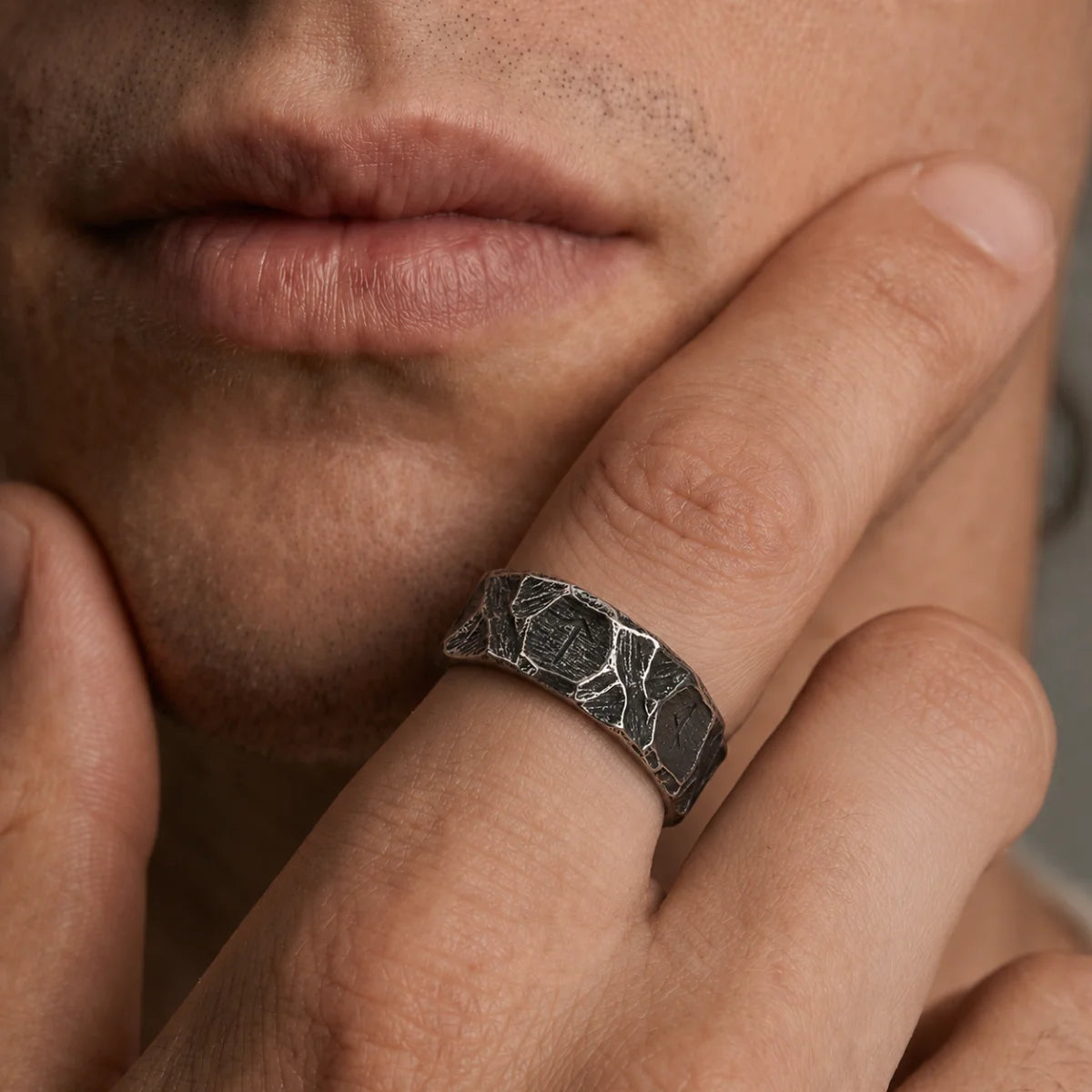 Hammered Rune Ring Antique Silver Worn on Hand Close Up Male Model