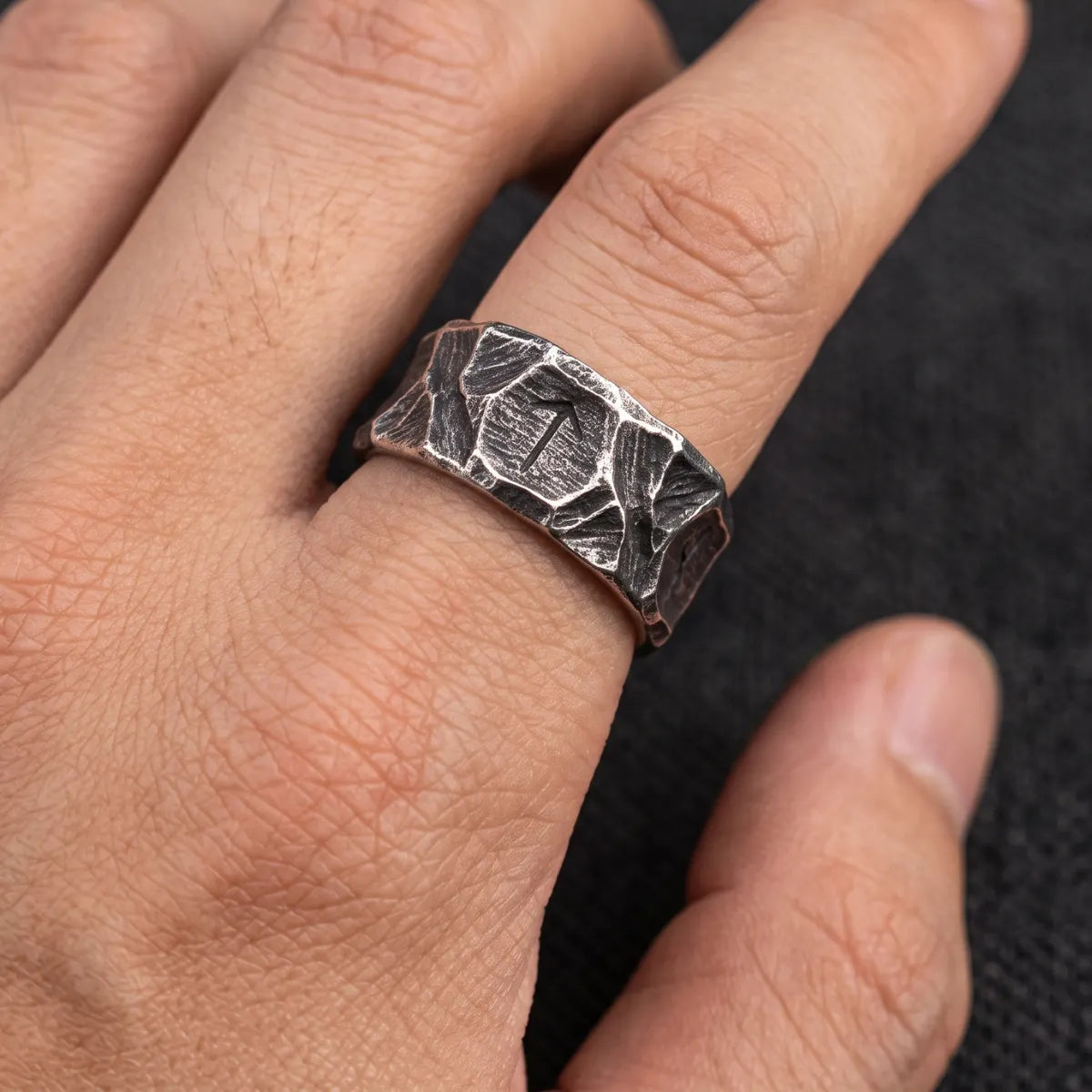 Hammered Rune Ring Antique Silver Worn on Hand Close Up