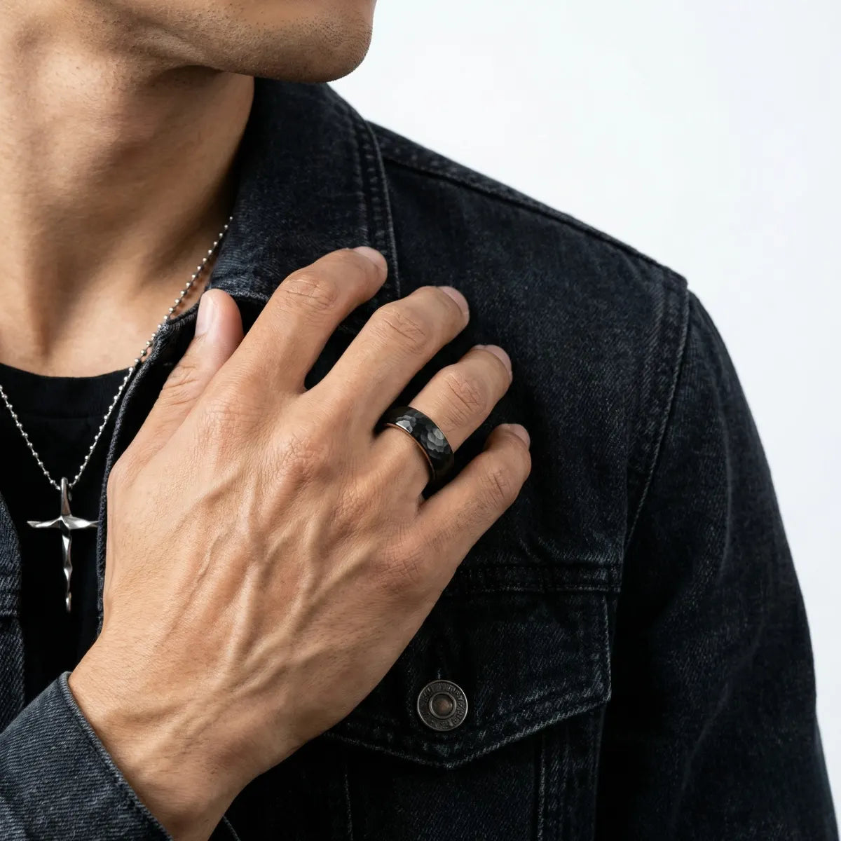 Hammered Whiskey Barrel Tungsten Ring Worn by Male Model