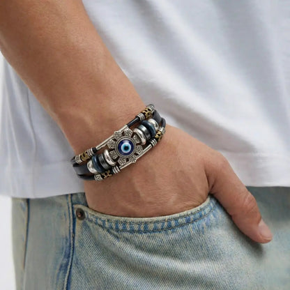Handcrafted Leather Evil Eye Bracelet Worn by Male Model