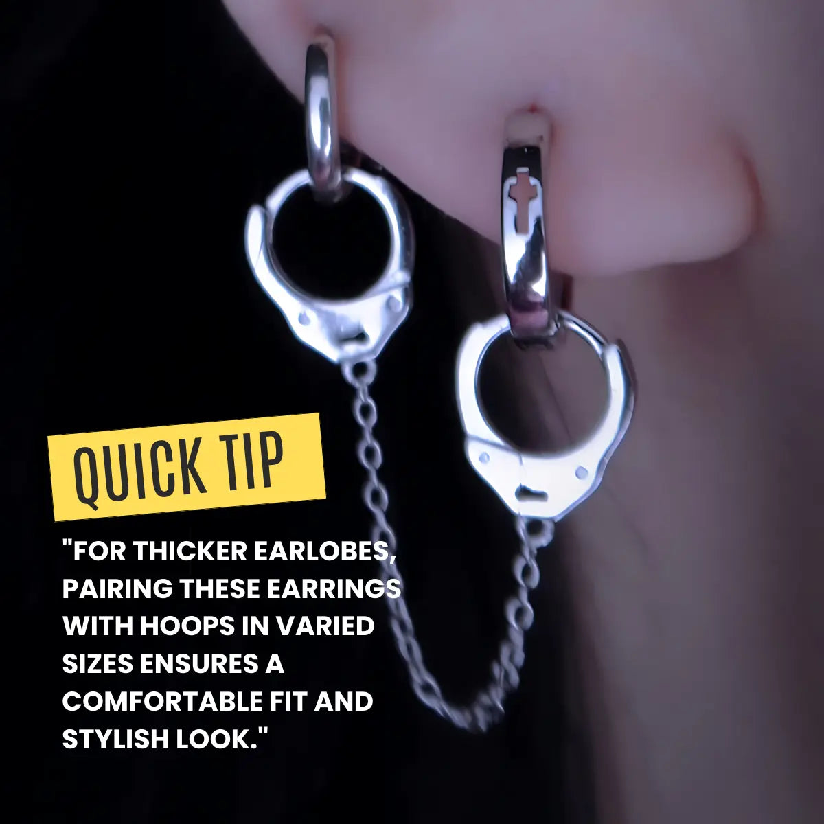 Handcuff Drop Earrings Silver Worn By Female Model Tips