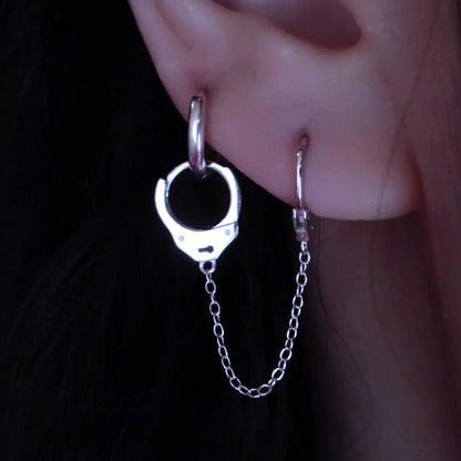 Handcuff Drop Earrings Silver Worn By Female Model