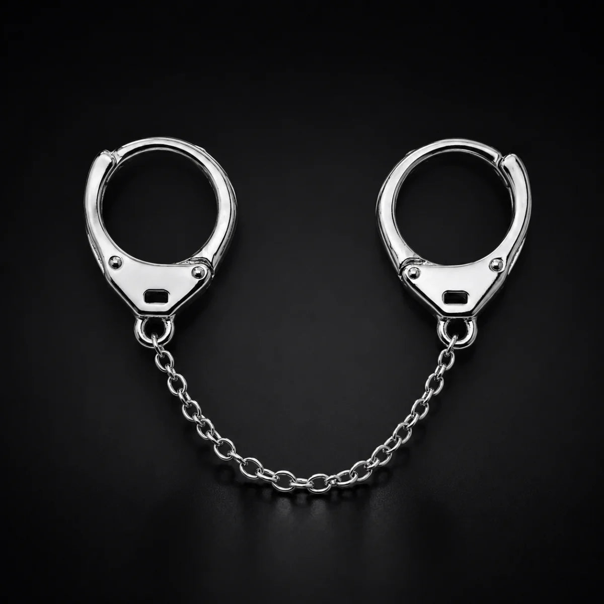 Handcuff Earrings 925 Sterling Silver Chain Connected Pair Displayed Black Background