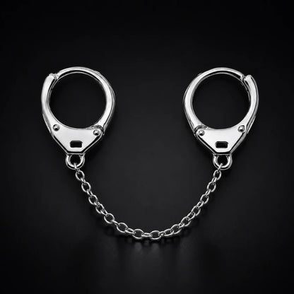 Handcuff Earrings 925 Sterling Silver Chain Connected Pair Displayed Black Background