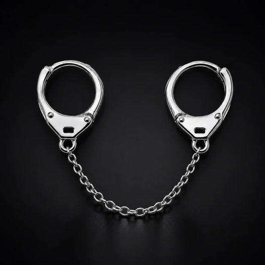Handcuff Earrings 925 Sterling Silver Chain Connected Pair Displayed Black Background