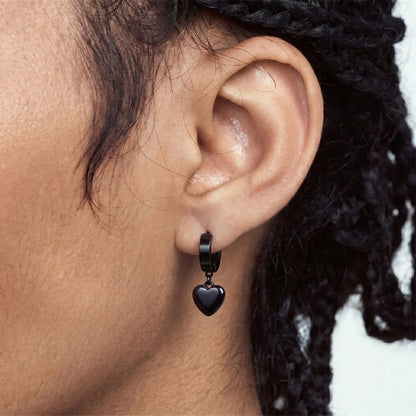 Heart Dangle Earrings Black Worn by Male Model