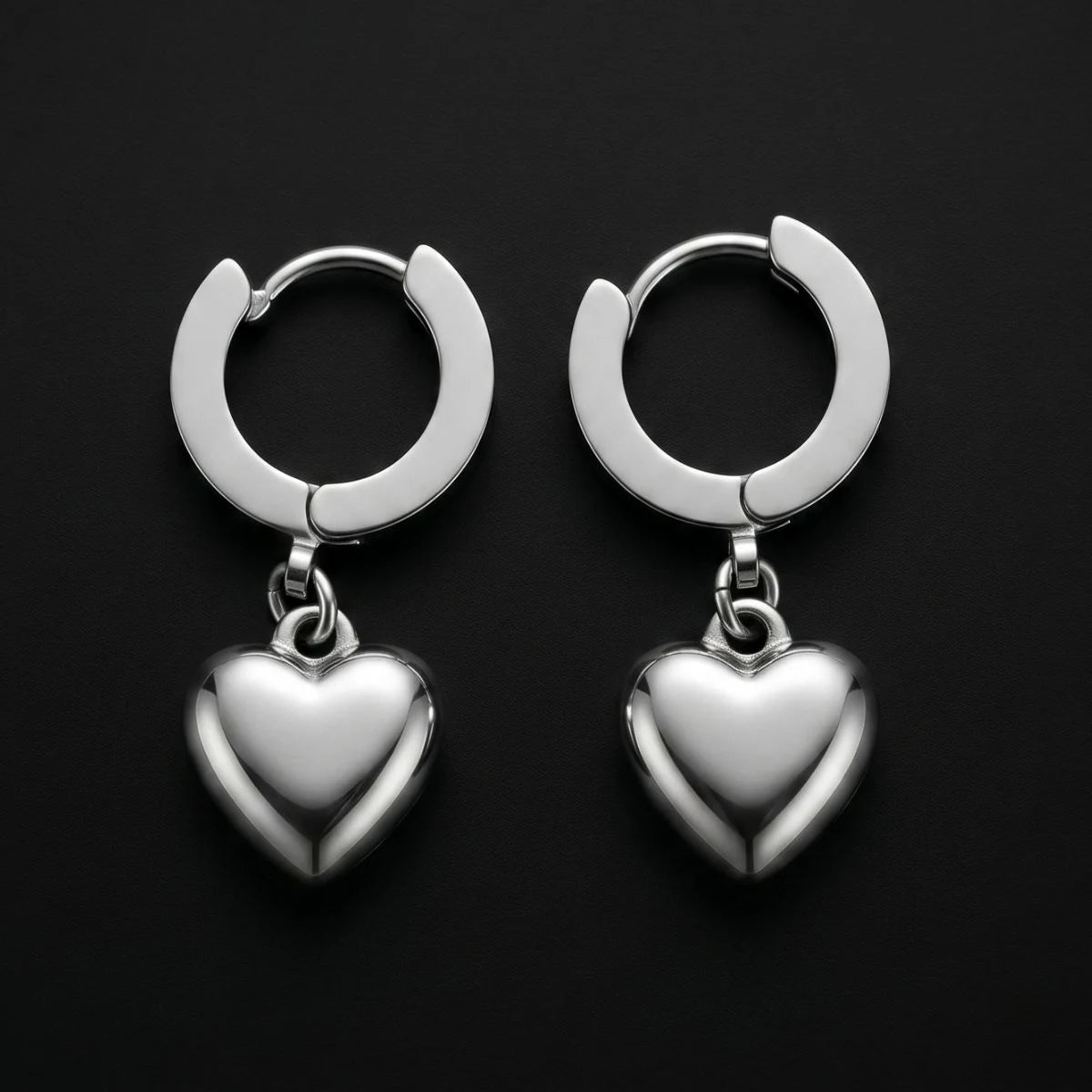 Heart Dangle Earrings Silver Close Up