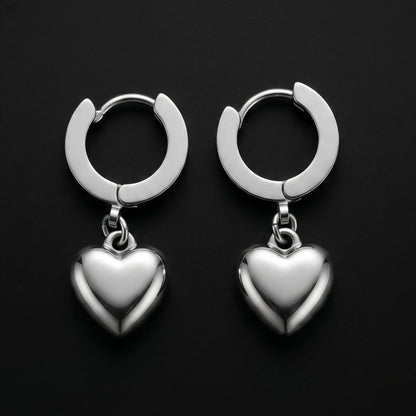 Heart Dangle Earrings Silver Close Up