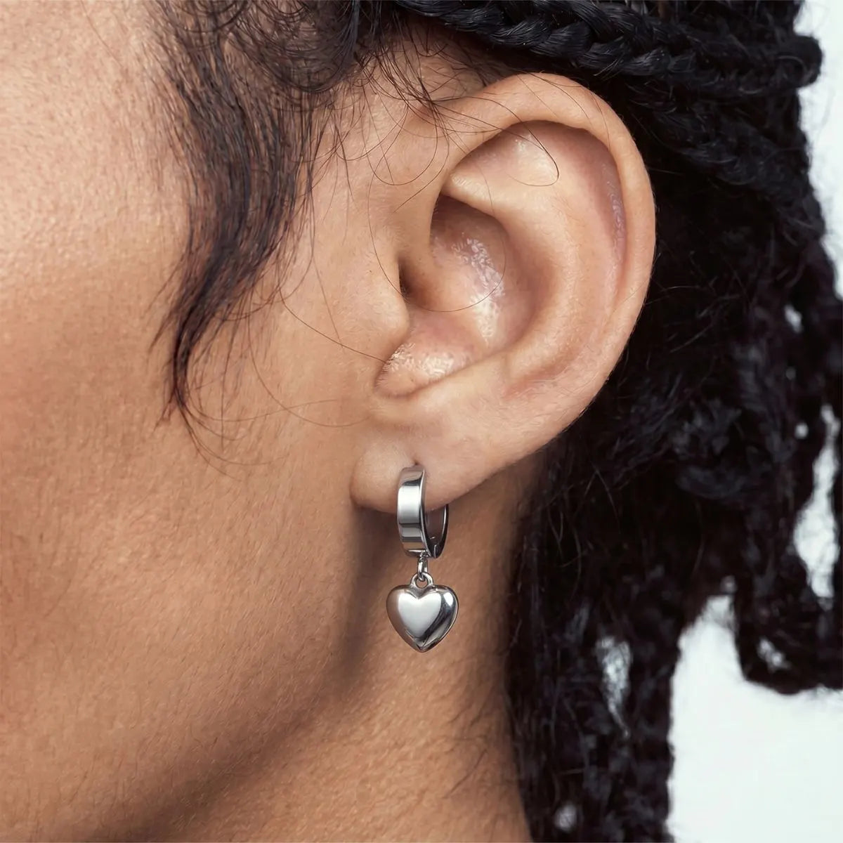 Heart Dangle Earrings Silver Worn by Male Model