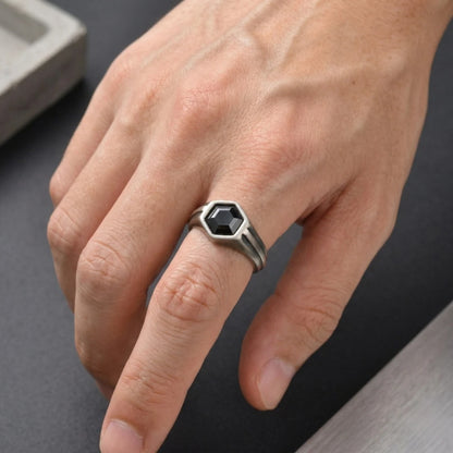 Hexagon Black Signet Ring Worn by Male Model Close Up