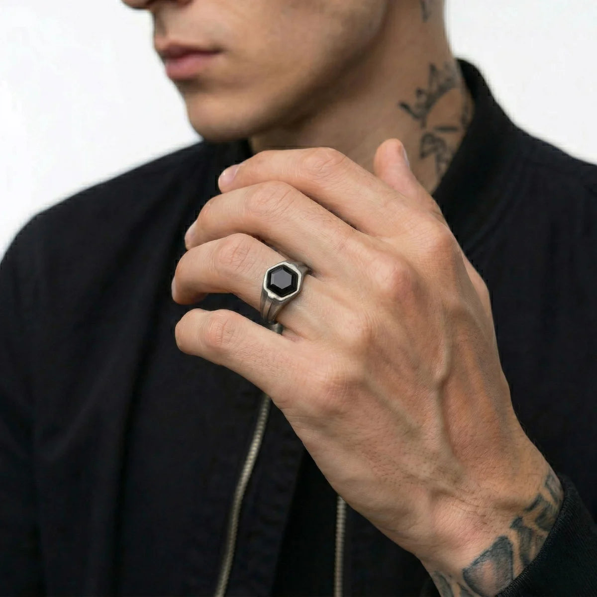 Hexagon Black Signet Ring Worn by Male Model