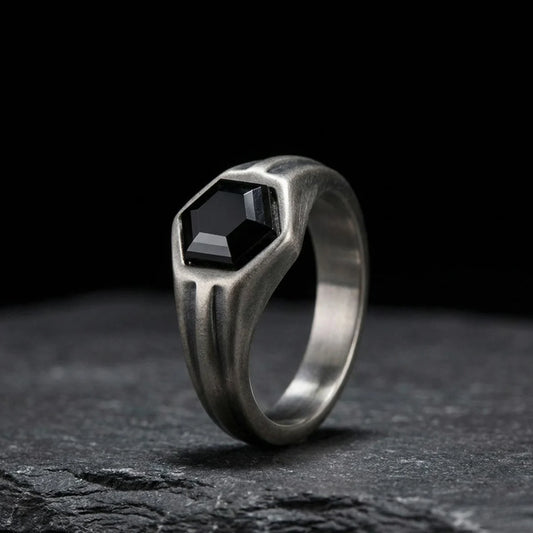 Hexagon Black Signet Ring